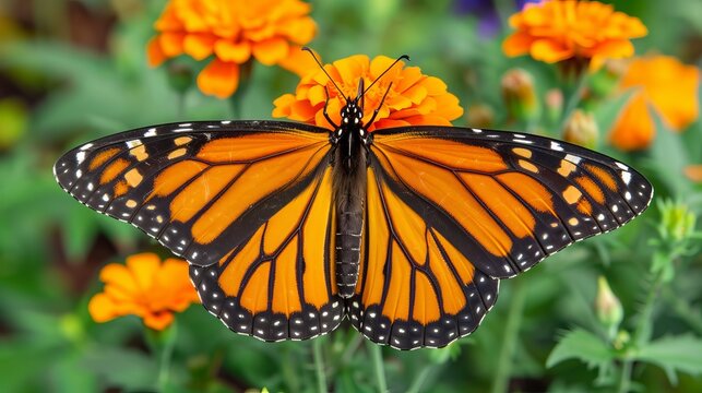 a close-up of a monarch butterfly on orange marigold flower