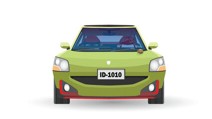 Cartoon Vector or illustration of soft green car view from front car.  Broken windshield. Can see interior of car. Isolated white background.