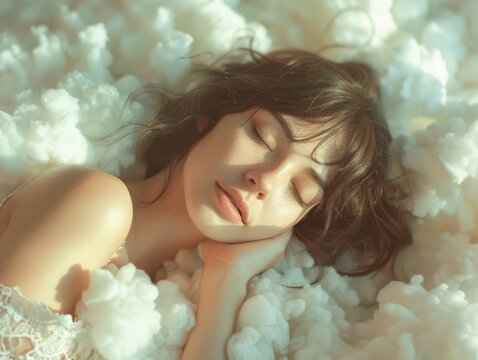 world sleep day. Picture of a sleeping woman surrounded by dreamy white clouds with more space around,