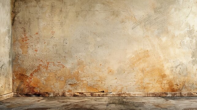 a corner of a room with peeling paint on the wall and a concrete floor.