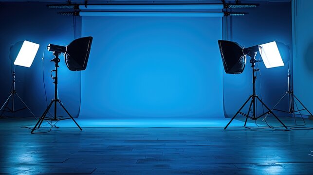 Empty photo studio with vibrant blue backdrop and professional lighting setup. Fashion photography concept