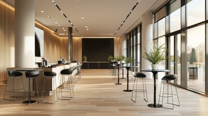 A large room with a black wall and a black table. There are several chairs and tables in the room