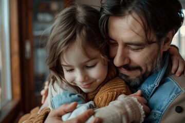 A fatherly figure cradling a young child in his arms, conveying a sense of protection and care