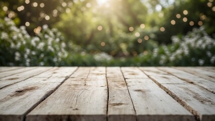 Empty wooden table with nature backdrop, bokeh effect, for product photography a natural photography mockup. Perfect for product photography backdrop.