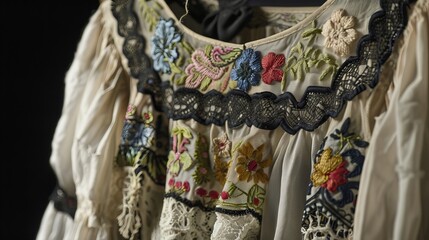 Naklejka premium a close-up of a white blouse with white lace trim floral embroidery on a vintage dress