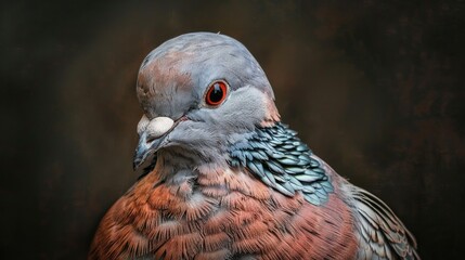 A close-up of a colorful pigeon with a red eye and a light-colored beak.