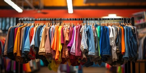 Assorted Secondhand Apparel Available at Charity Shop. Concept Thrift Store Finds, Sustainable Fashion, Preloved Clothing, Affordable Wardrobe, Upcycled Treasures