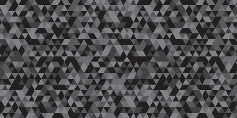 Abstract geometric black and gray background seamless mosaic and low polygon triangle texture wallpaper. Triangle shape retro wall grid pattern geometric ornament tile vector square element.
