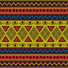 Seamless ancient Egyptian fabric pattern on a dark yellow background.Design print for textile, wallpaper, background, paper.
