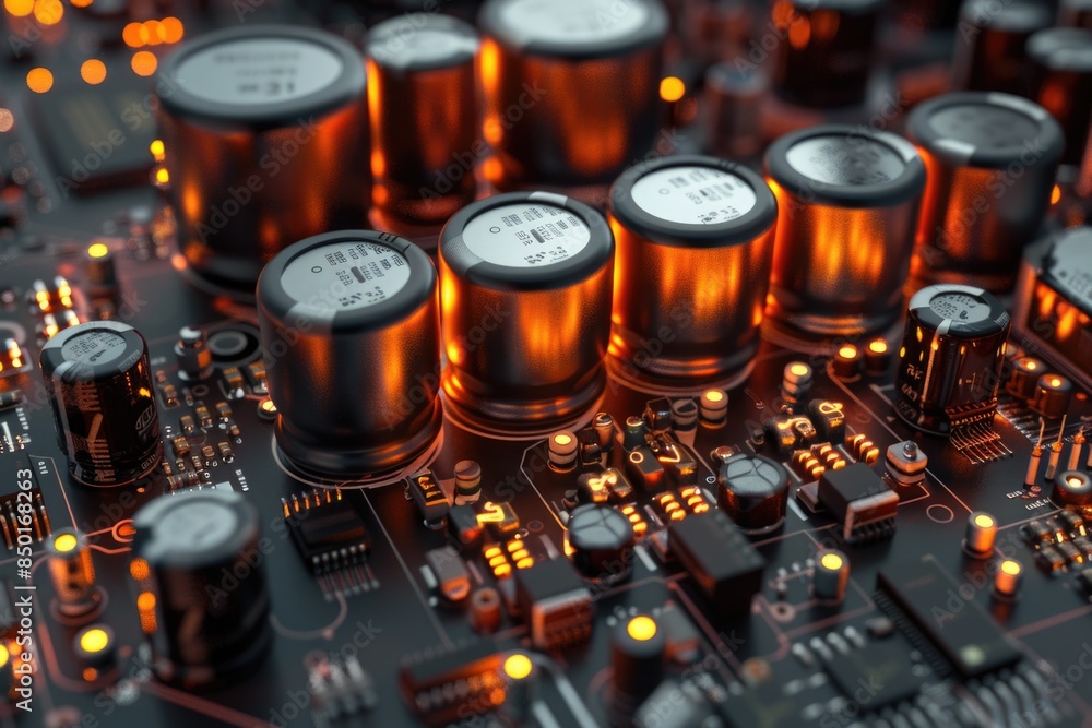 Poster close-up shot of electronic components on a computer motherboard, suitable for use in tech-related c