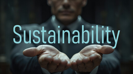Sustainability word on the hand of a businessman. Text concept