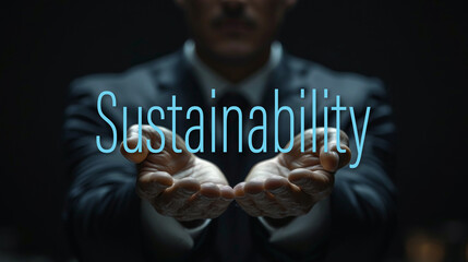 Sustainability word on the hand of a businessman. Text concept