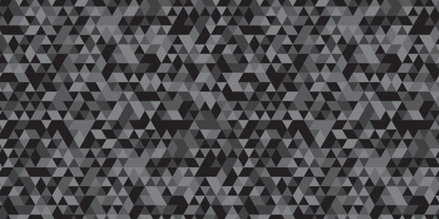 Abstract geometric black and gray background seamless mosaic and low polygon triangle texture wallpaper. Triangle shape retro wall grid pattern geometric ornament tile vector square element.