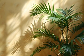 Fototapeta premium Indoor Palm Plant with Sunlight Against Yellow Wall - Nature, Design, Home Decor, and Light Play