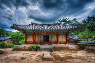 Fototapeta premium A serene Asian-inspired architecture with a vast blue sky in the background