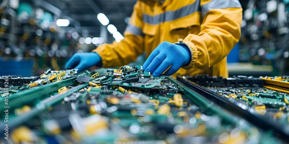 Poster sorting ewaste separating recyclables and removing hazardous materials in a tech recycling facility.