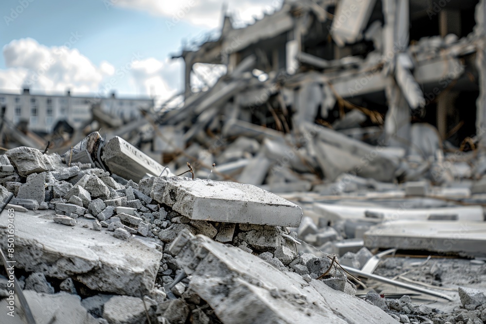 Poster a picture of a pile of rubble with a building in the background, perfect for use in scenes where des
