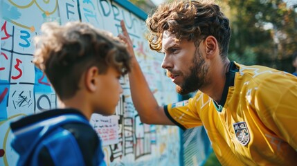 Soccer coach mentoring young player, discussing strategy with intense focus on tactics board outdoors on a sunny day.