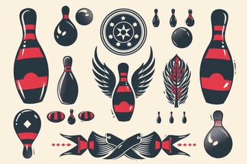 A collection of bowling pins and accessories on a table or shelf