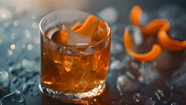 A classic cocktail made with whiskey, sugar and bitters, served with orange pee