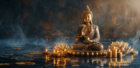 Golden Buddha Statue Surrounded by Candles and Lotus Flowers