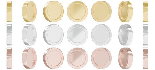 3D rendering Set of Metallic Gold, Silver and Bronze coins rotating in different positions. A set of 3d money in different directions.