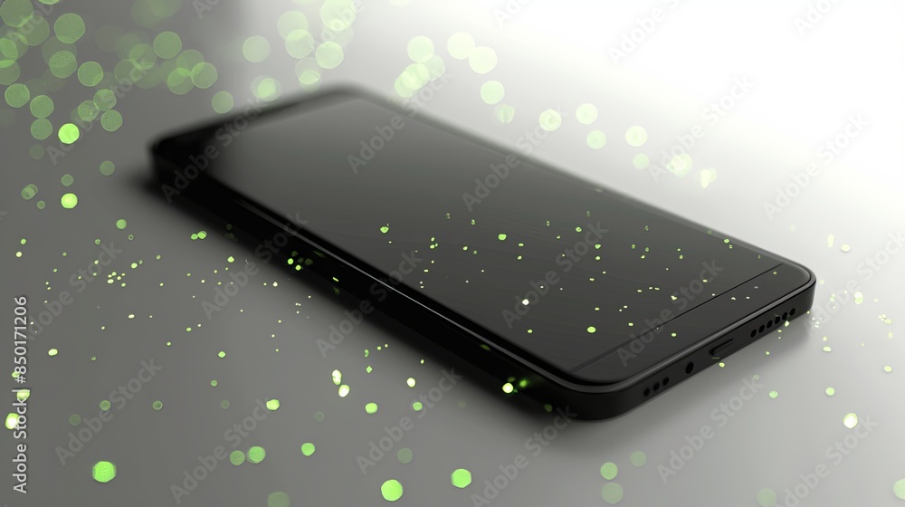 Wall mural Smartphone: A modern black smartphone set against a white background, surrounded by small, glowing green stars  - Wall murals