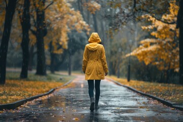A woman walks down a road wearing a bright yellow raincoat, great for use as a stock photo in travel or weather-related contexts