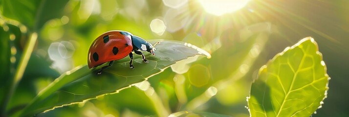Obraz premium Ladybug on a leaf in a sunny garden