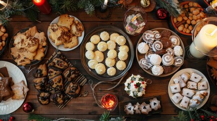 Overhead view of a holiday cookie exchange party