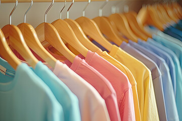 Fototapeta premium Colorful clothes on hangers in a store.