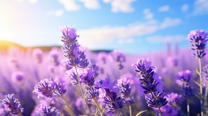 Blooming lavender field under clear blue sky, soft focus for calming effect