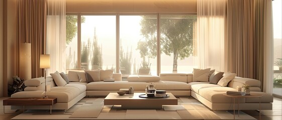 Minimalist living room with beige decor, modern furniture, large windows,