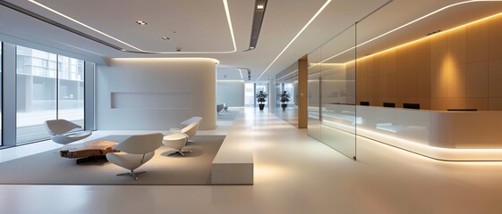 Minimalist office interior, open layout, bright lighting,