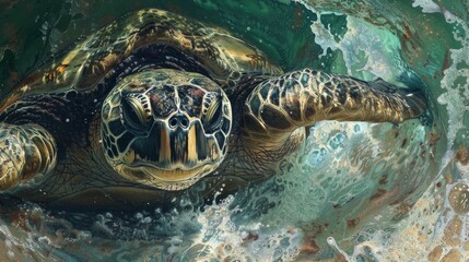 Obraz premium A green sea turtle swims gracefully through the ocean waves