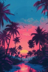 Fototapeta premium Palm Trees Silhouetted Against Vibrant Sunset Sky