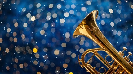 Trumpet: A golden trumpet stands against a deep blue background, with sparkling white stars scattered around it