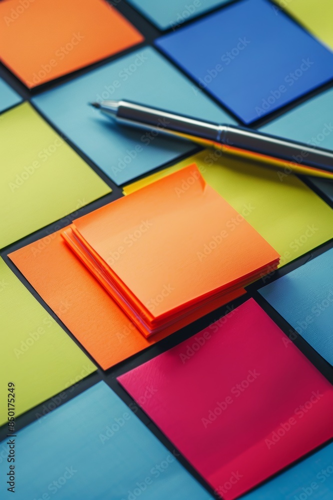 Poster a pen and a stack of colorful sticky notes are on a table. the sticky notes are in different colors 