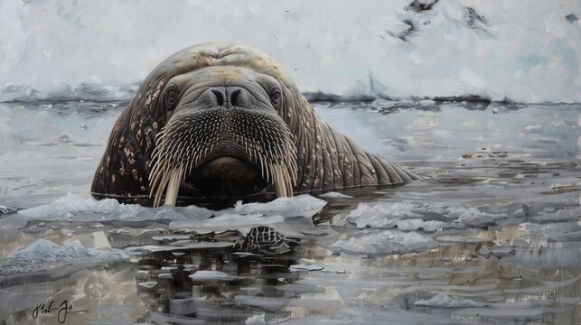 A large walrus emerges from the icy waters of the Arctic.