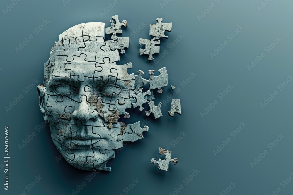 Poster a close-up view of a puzzle piece head with one missing piece, ideal for use in illustrations about 