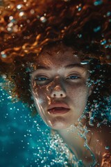 Underwater portraits of curly-haired women, underwater photography soft light and deep blue water create shadows. In fashion style fashion magazine cover editorial style with surrealistic style