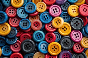 Fototapeta premium Colorful Assortment of Sewing Buttons in Blue, Yellow, and Red Hues