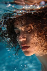 Underwater portraits of curly-haired women, underwater photography soft light and deep blue water create shadows. In fashion style fashion magazine cover editorial style with surrealistic style