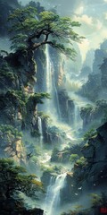 A waterfall is flowing down a mountain with a tree in the foreground