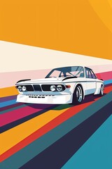 A white car is parked in front of a colorful wall