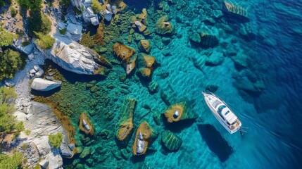 A boat is sailing in a body of water with a rocky shoreline