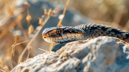 Fototapeta premium A rock snake slithering on a rock in the desert.