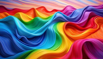 Obraz premium Vibrant colorful curves background, artistic display of color spectrum, fabric or satin texture, abstract color stripe pattern, graphic, rainbow palette.