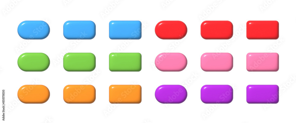 Poster colorful 3d buttons collection. ui ux design elements set. realistic glossy squared and rounded badg