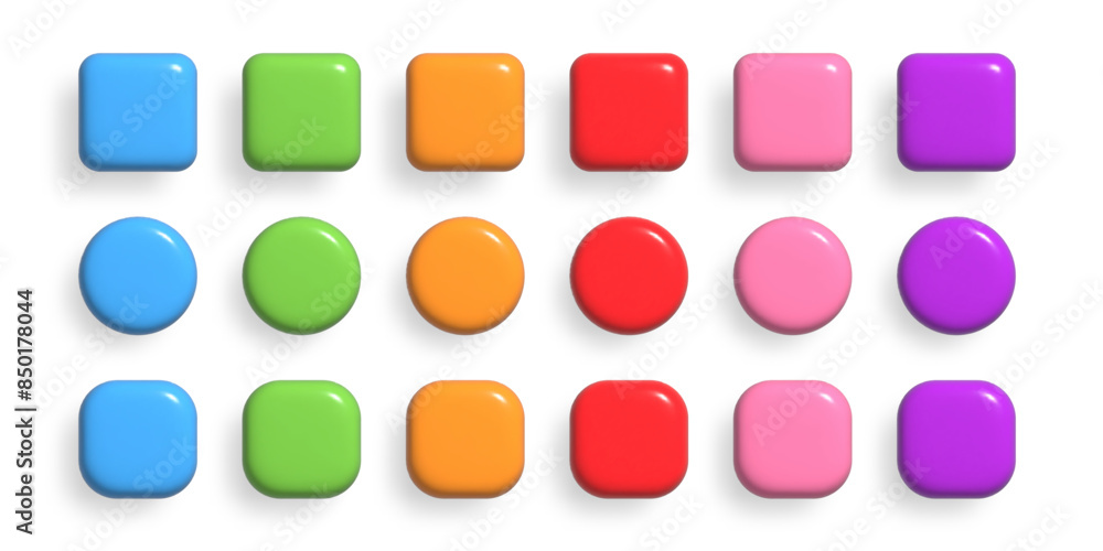Poster colorful 3d buttons collection. ui ux design elements set. realistic glossy squared and rounded badg